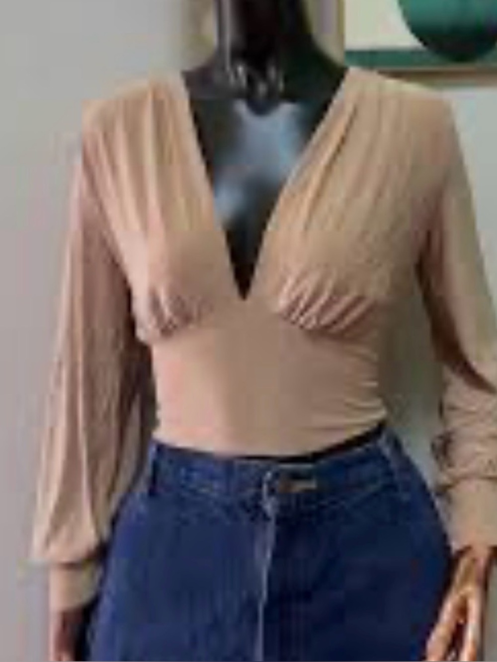 Draped Deep V-Neck Long Sleeve Crop Top - Taupe